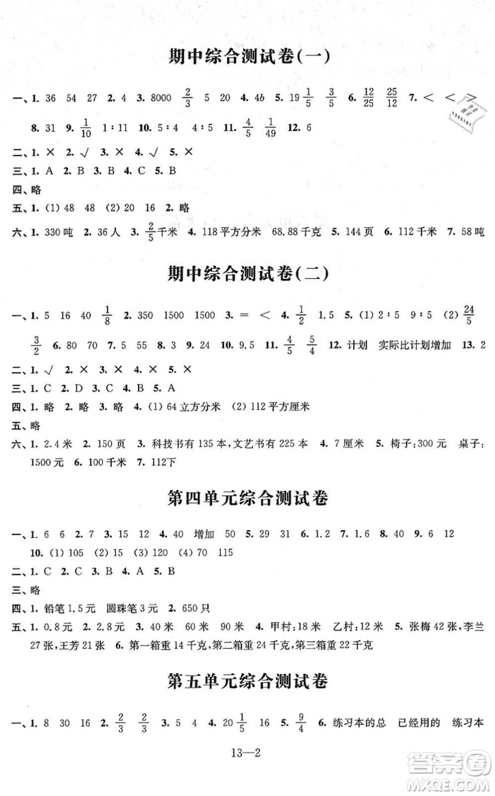 江蘇鳳凰科學技術出版社2021同步練習配套試卷六年級數(shù)學上冊人教版答案