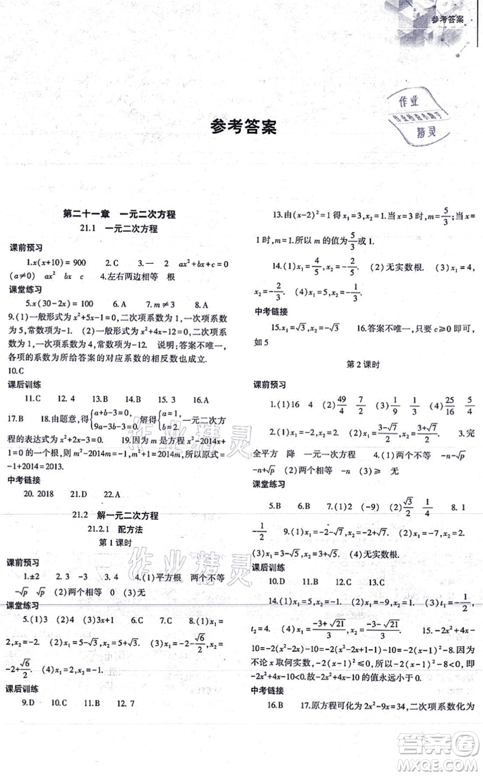 大象出版社2021初中同步練習冊九年級數(shù)學上冊人教版答案