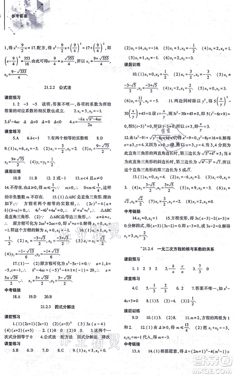 大象出版社2021初中同步練習冊九年級數(shù)學上冊人教版答案