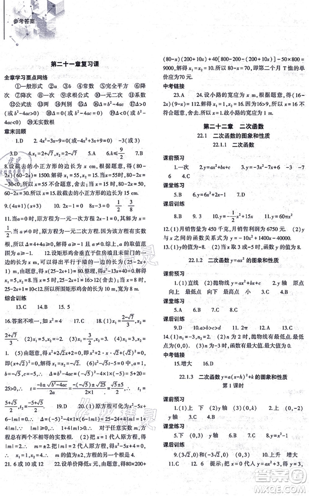 大象出版社2021初中同步練習冊九年級數(shù)學上冊人教版答案