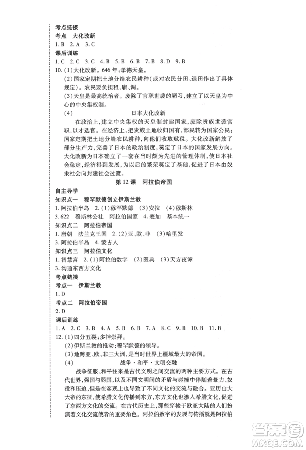 延邊教育出版社2021暢行課堂九年級(jí)歷史上冊(cè)人教版山西專(zhuān)版參考答案