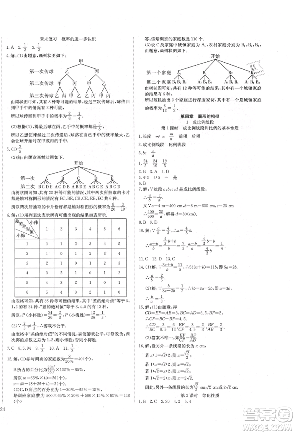 延邊教育出版社2021暢行課堂九年級(jí)數(shù)學(xué)上冊(cè)北師大版參考答案