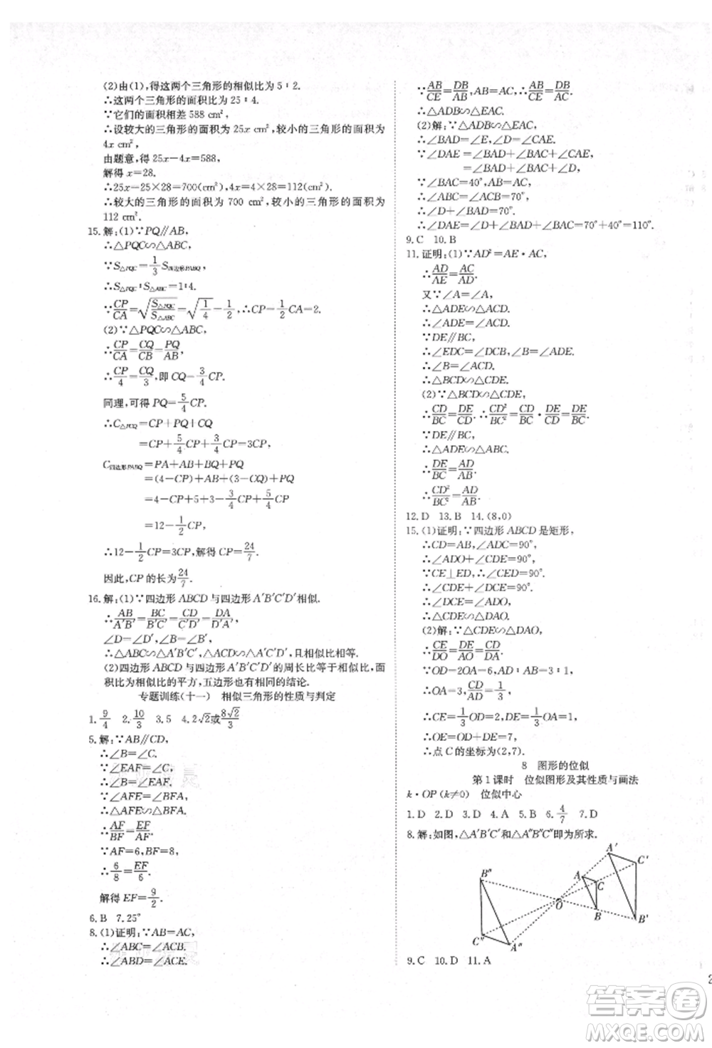 延邊教育出版社2021暢行課堂九年級(jí)數(shù)學(xué)上冊(cè)北師大版參考答案