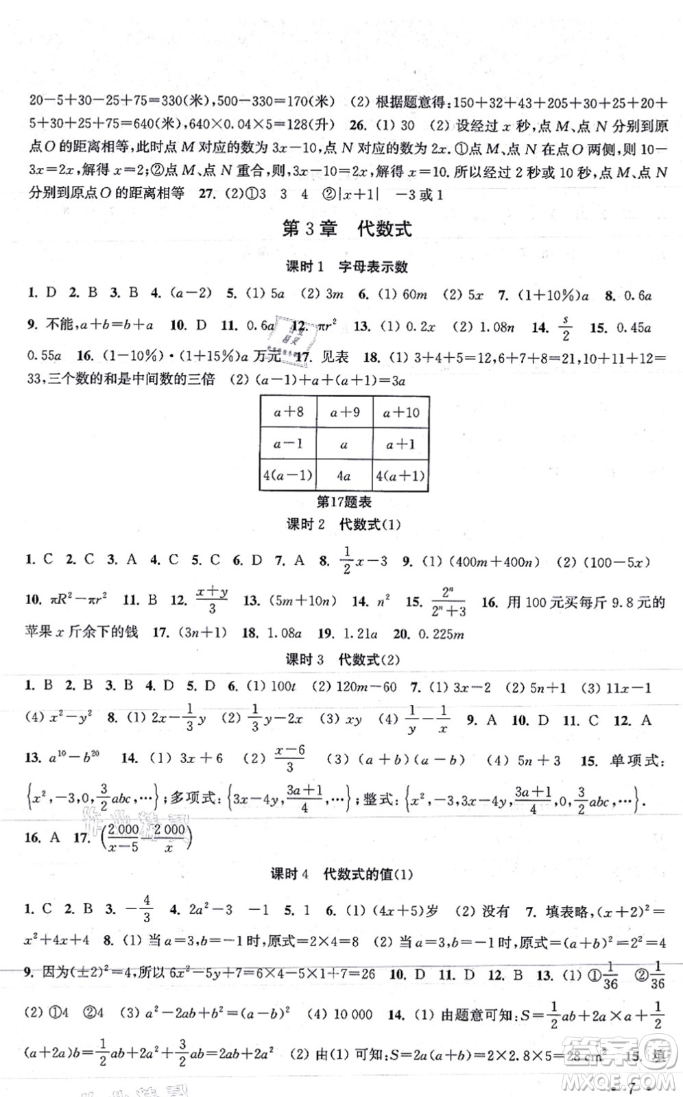 安徽人民出版社2021高效精練七年級數(shù)學(xué)上冊江蘇科技版答案