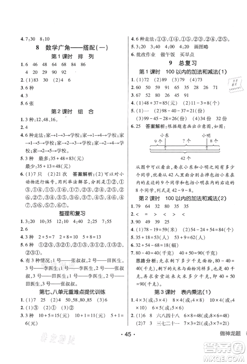 新疆青少年出版社2021同行課課100分過關(guān)作業(yè)二年級數(shù)學(xué)上冊人教版參考答案