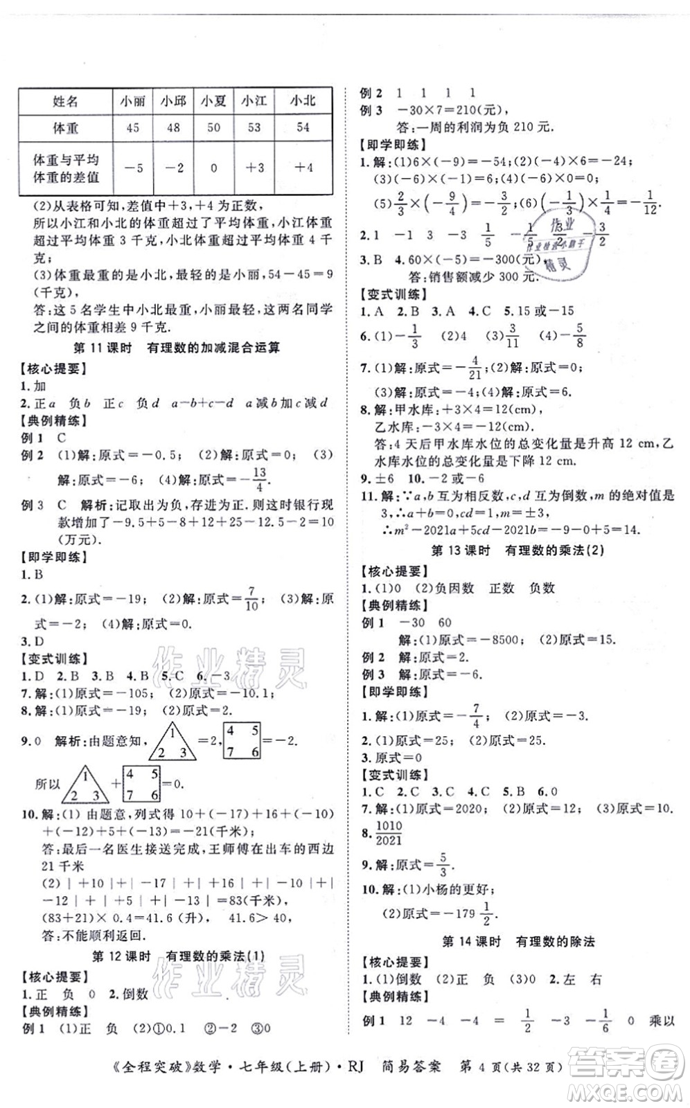 延邊大學(xué)出版社2021思而優(yōu)教育全程突破七年級(jí)數(shù)學(xué)上冊(cè)R人教版答案