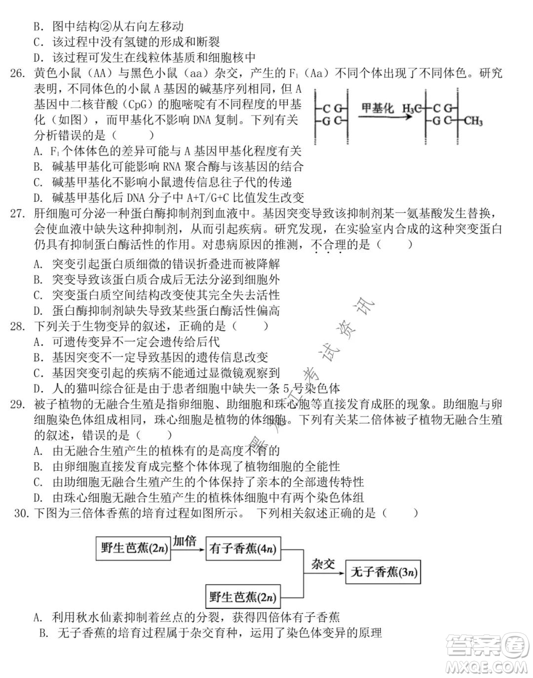 東北師大附中2021-2022高三上學(xué)期第二次摸底考試生物試題及答案