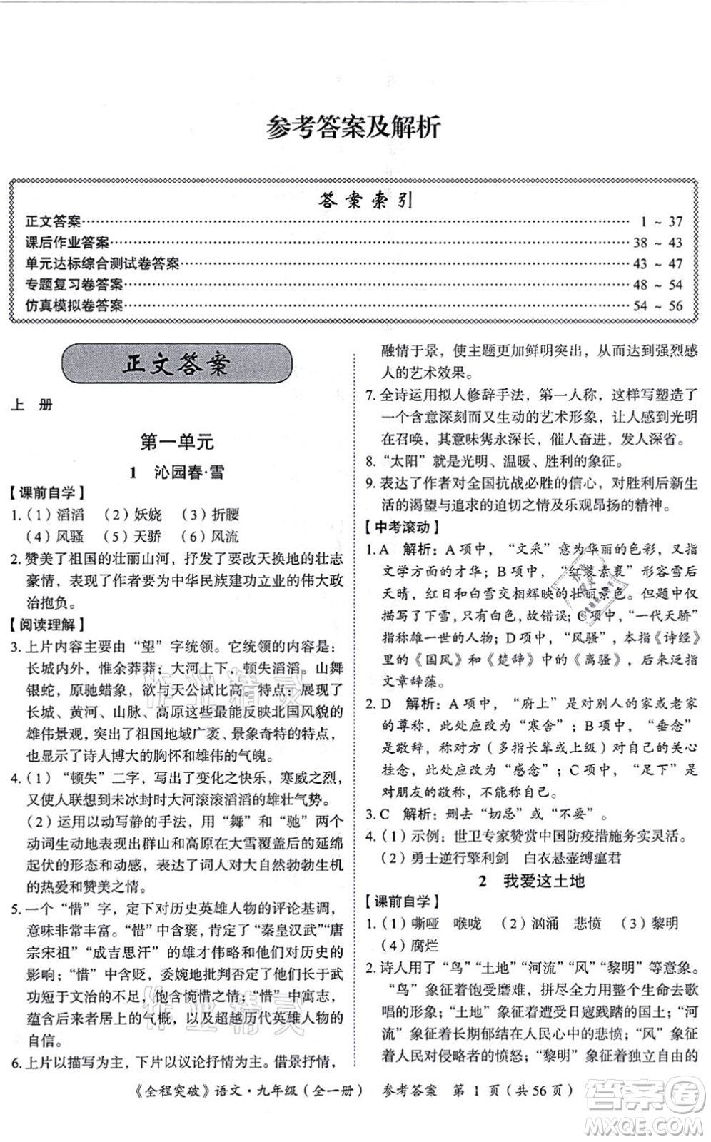 延邊大學出版社2021思而優(yōu)教育全程突破九年級語文全一冊TB統(tǒng)編版答案