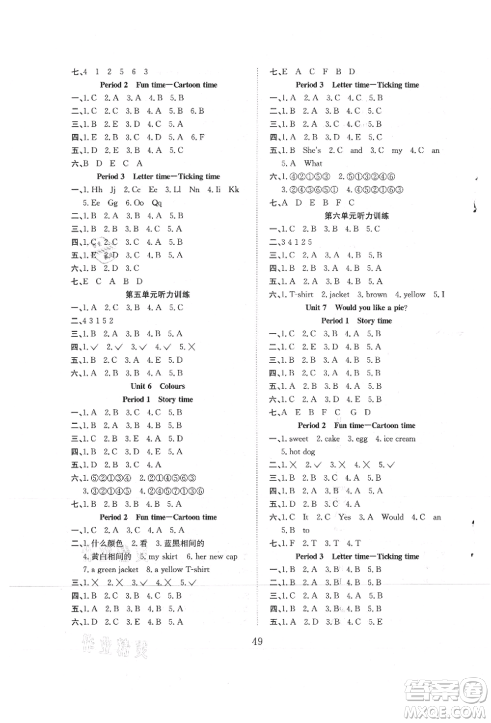 安徽文藝出版社2021新經(jīng)典練與測三年級英語上冊譯林版參考答案