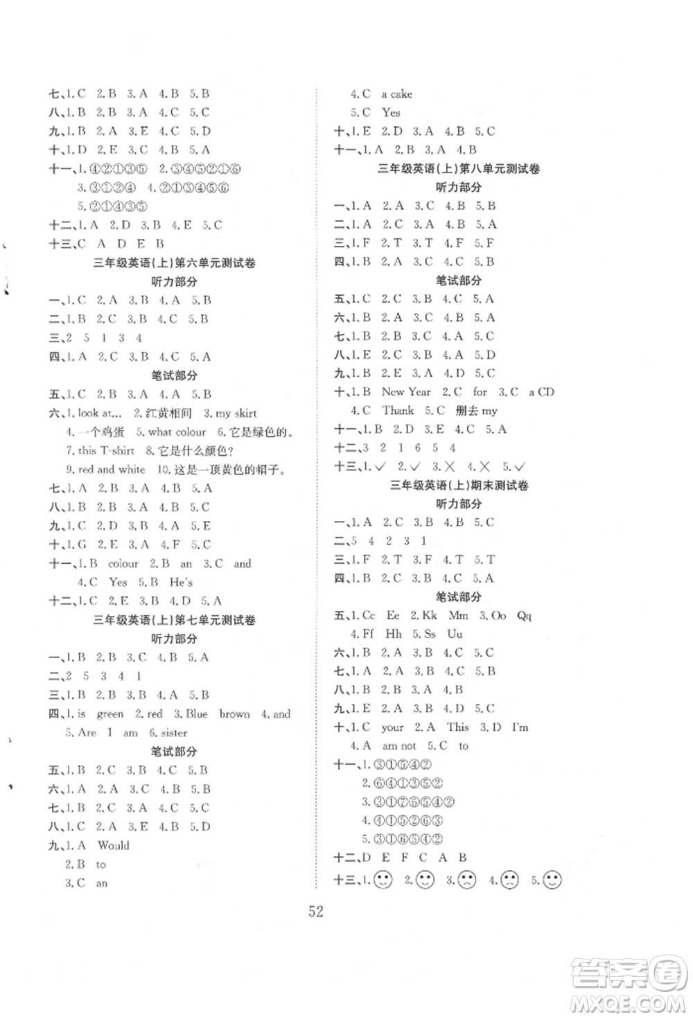 安徽文藝出版社2021新經(jīng)典練與測三年級英語上冊譯林版參考答案