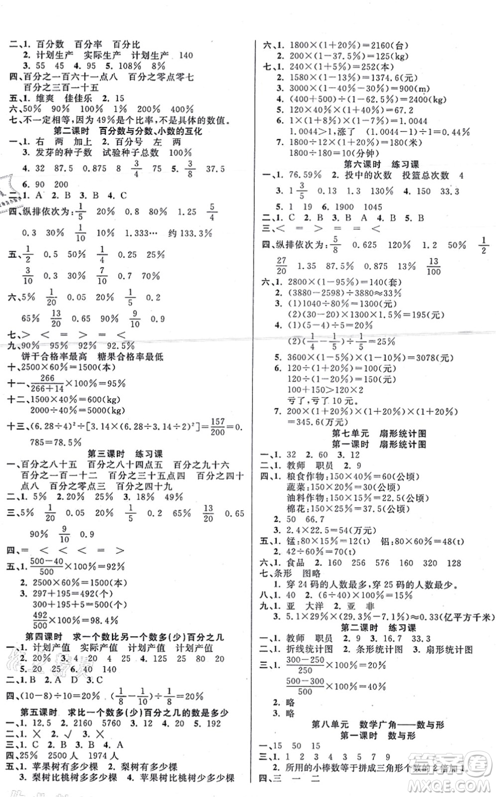 西安出版社2021奪冠新課堂隨堂練測六年級數(shù)學上冊RJ人教版答案