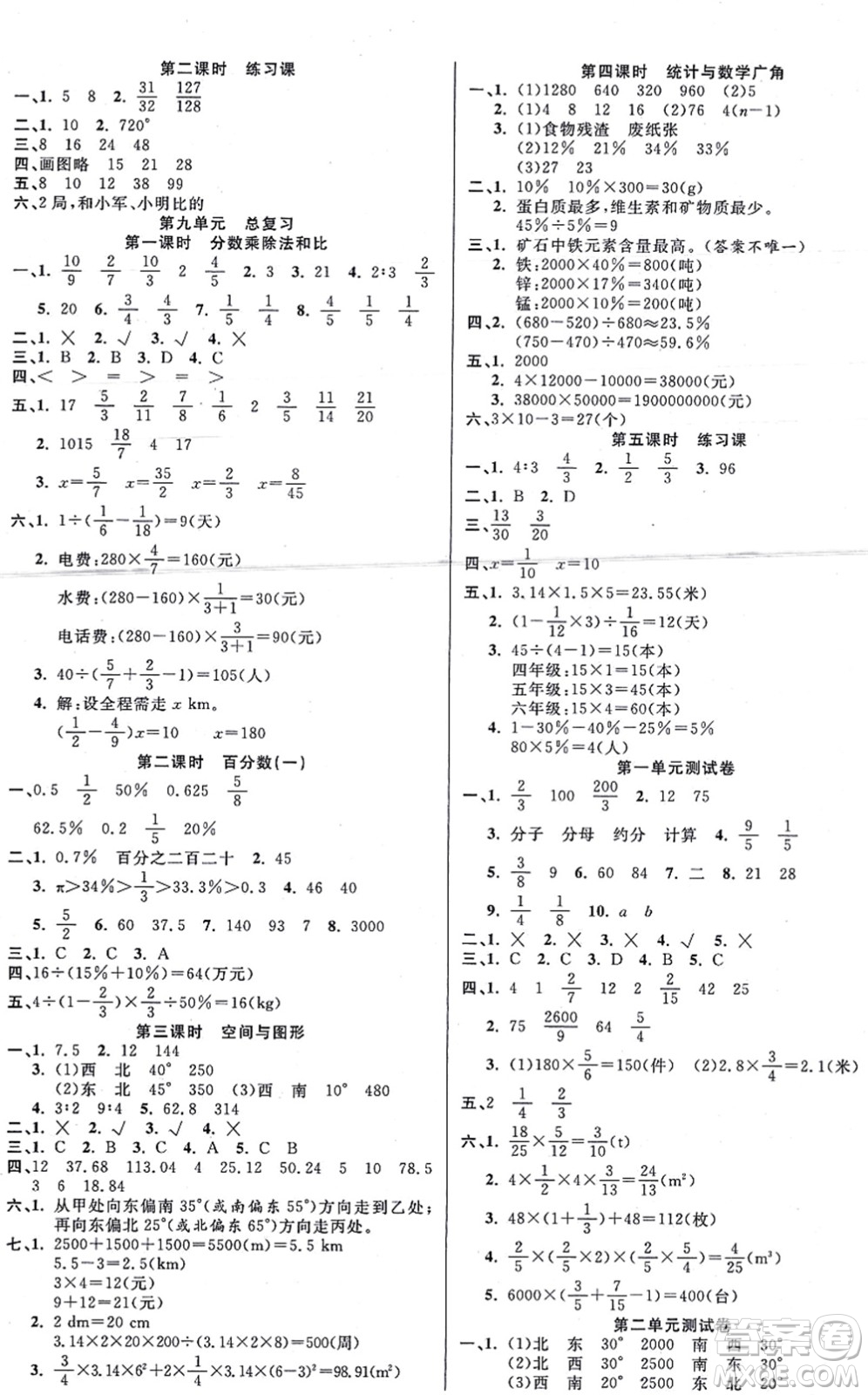 西安出版社2021奪冠新課堂隨堂練測六年級數(shù)學上冊RJ人教版答案