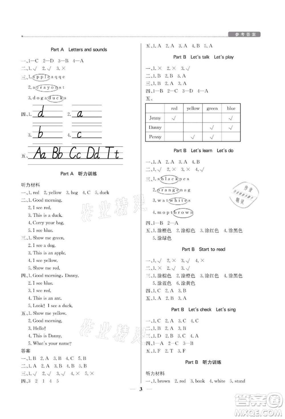 北京教育出版社2021提分教練優(yōu)學(xué)導(dǎo)練測(cè)三年級(jí)英語(yǔ)上冊(cè)人教版參考答案