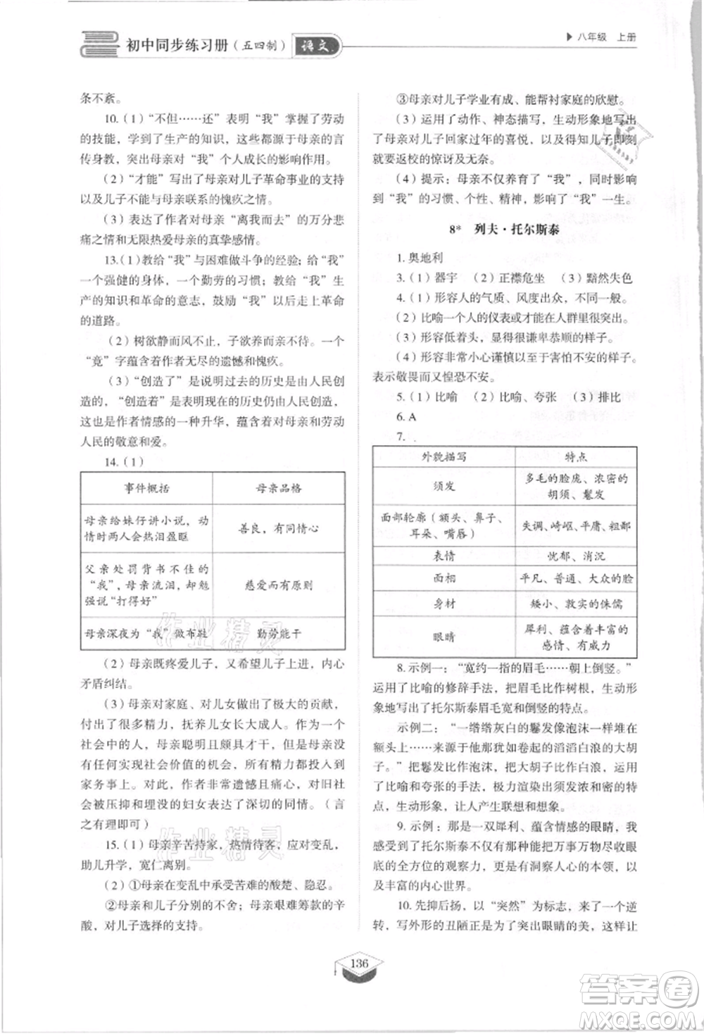 山東教育出版社2021初中同步練習(xí)冊五四制八年級語文上冊人教版參考答案