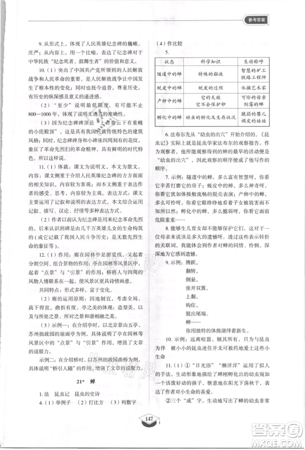 山東教育出版社2021初中同步練習(xí)冊五四制八年級語文上冊人教版參考答案