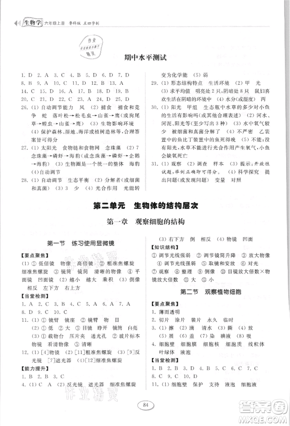 山東科學(xué)技術(shù)出版社2021初中同步練習(xí)冊五四制六年級上冊生物學(xué)魯科版參考答案