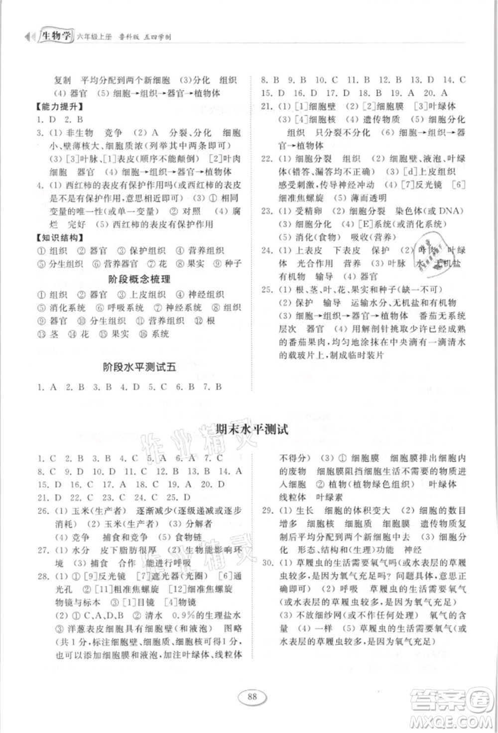 山東科學(xué)技術(shù)出版社2021初中同步練習(xí)冊五四制六年級上冊生物學(xué)魯科版參考答案