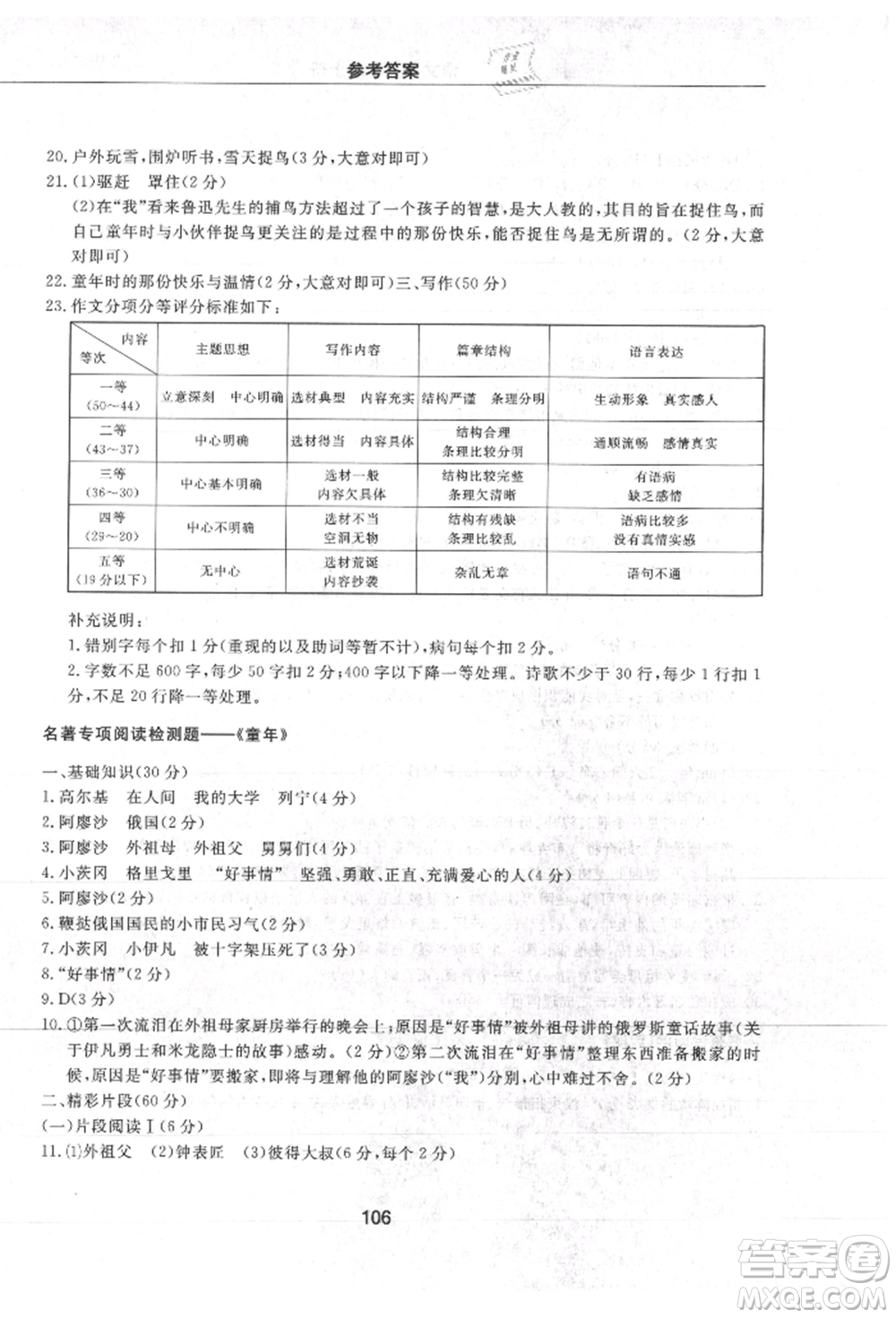 明天出版社2021初中同步練習冊配套檢測卷五四學制六年級語文上冊人教版參考答案