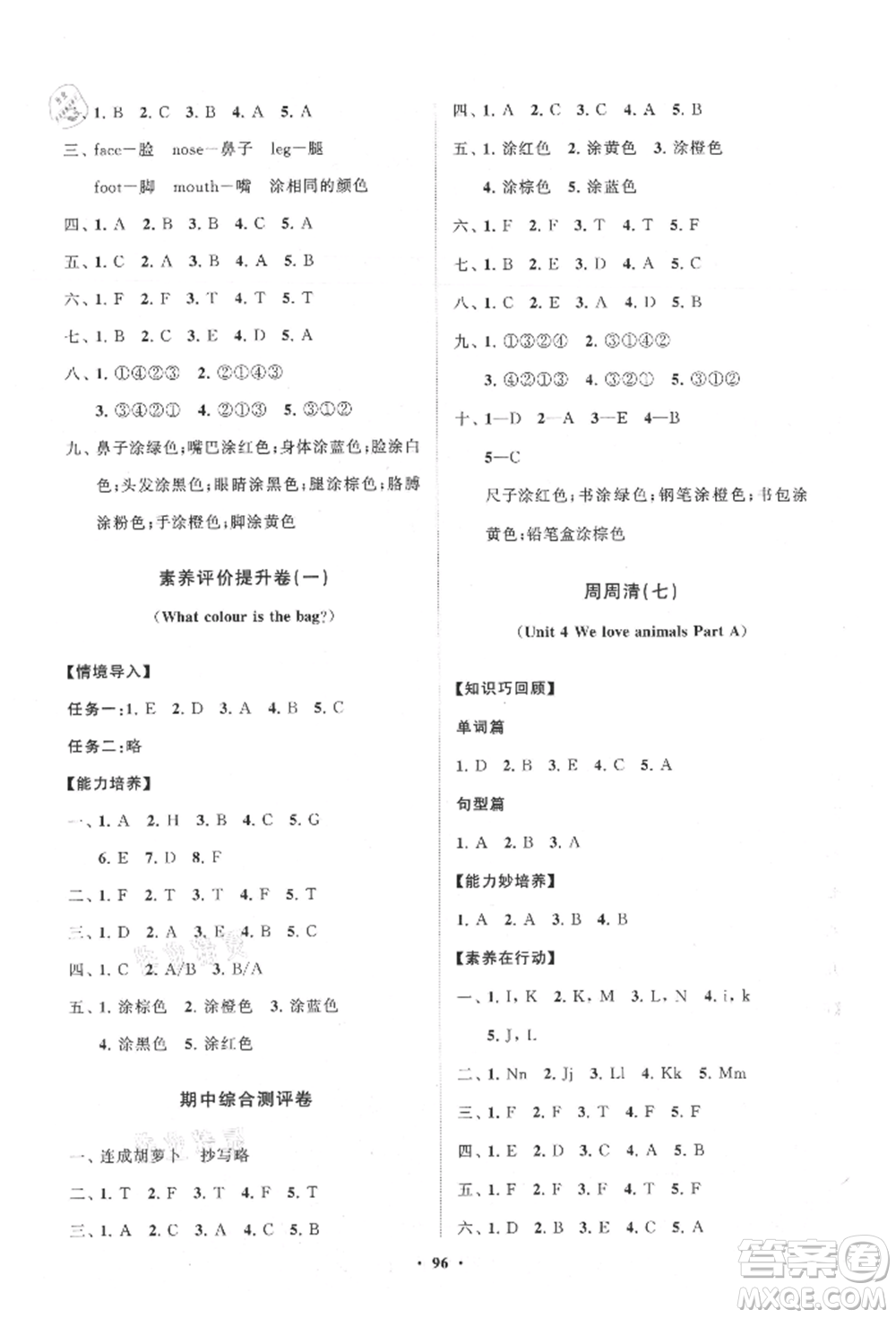 山東教育出版社2021小學(xué)同步練習(xí)冊分層卷三年級英語上冊人教版參考答案