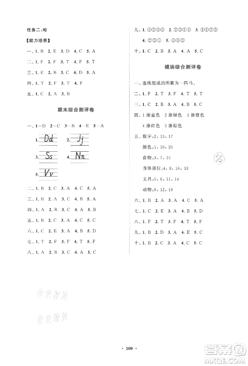 山東教育出版社2021小學(xué)同步練習(xí)冊分層卷三年級英語上冊人教版參考答案