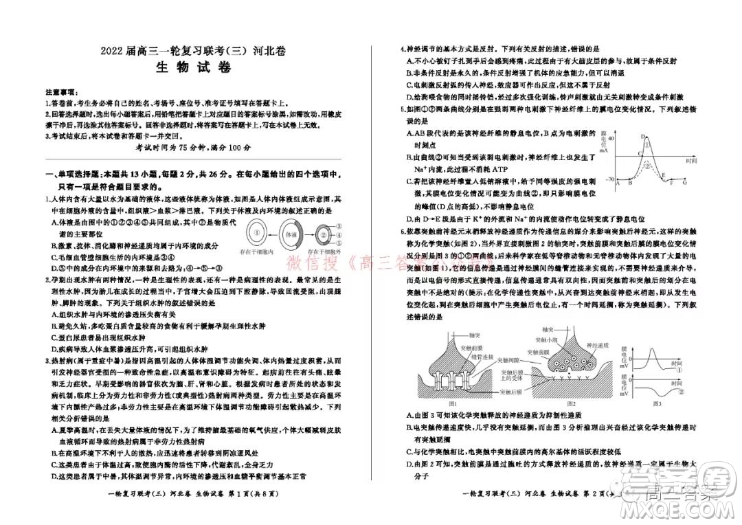 百師聯(lián)盟2022屆高三一輪復(fù)習(xí)聯(lián)考三河北卷生物試題及答案