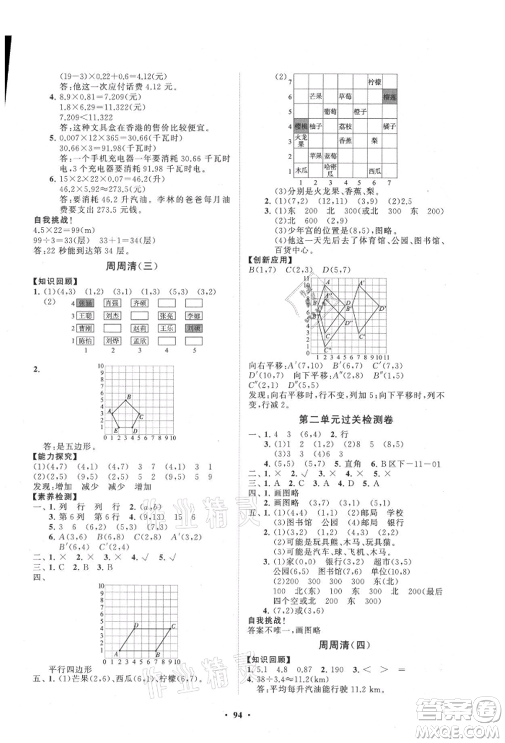 山東教育出版社2021小學同步練習冊分層卷五年級數(shù)學上冊人教版參考答案