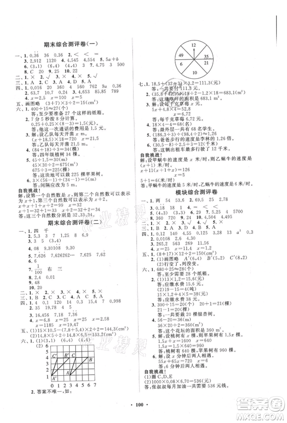 山東教育出版社2021小學同步練習冊分層卷五年級數(shù)學上冊人教版參考答案