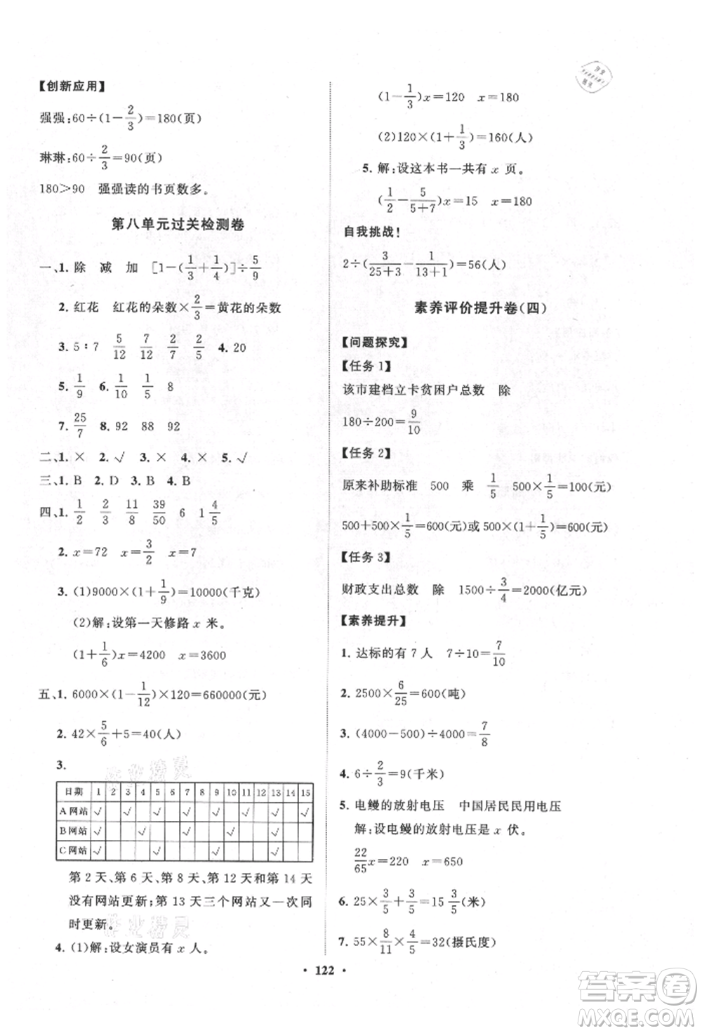 山東教育出版社2021小學(xué)同步練習(xí)冊(cè)分層卷五四制五年級(jí)數(shù)學(xué)上冊(cè)青島版參考答案