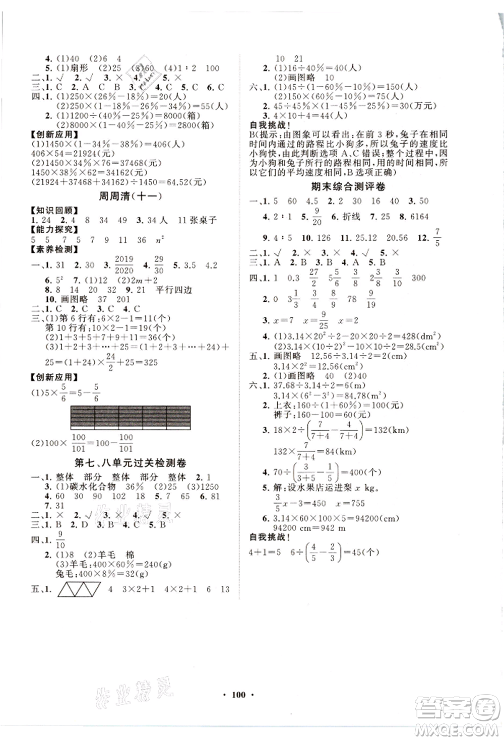 山東教育出版社2021小學(xué)同步練習(xí)冊(cè)分層卷六年級(jí)數(shù)學(xué)上冊(cè)人教版參考答案