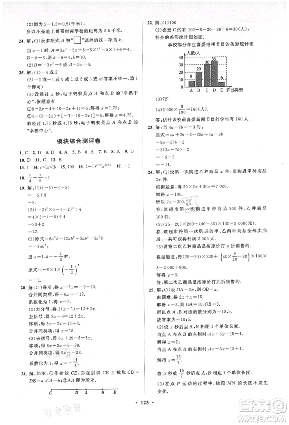 山東教育出版社2021初中同步練習(xí)冊(cè)分層卷七年級(jí)數(shù)學(xué)上冊(cè)青島版參考答案