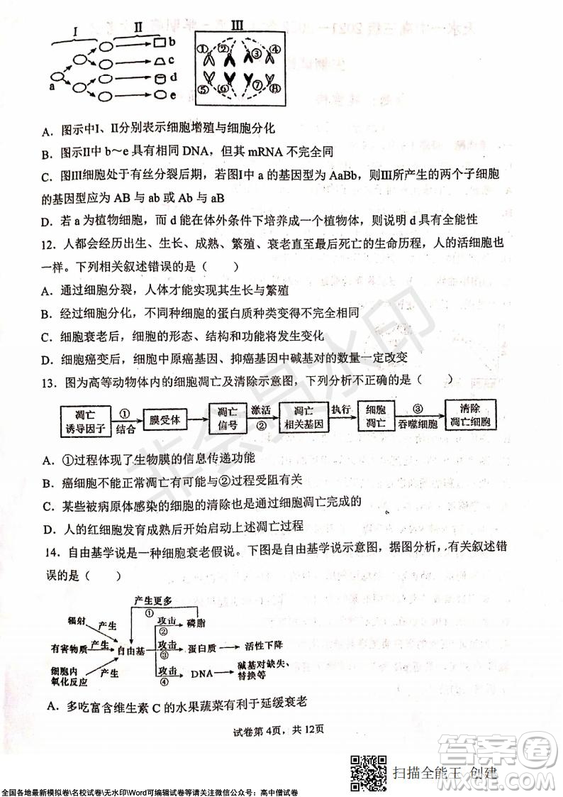 甘肅天水一中高三年級2021-2022學(xué)年度第一學(xué)期第三次考試生物試題及答案