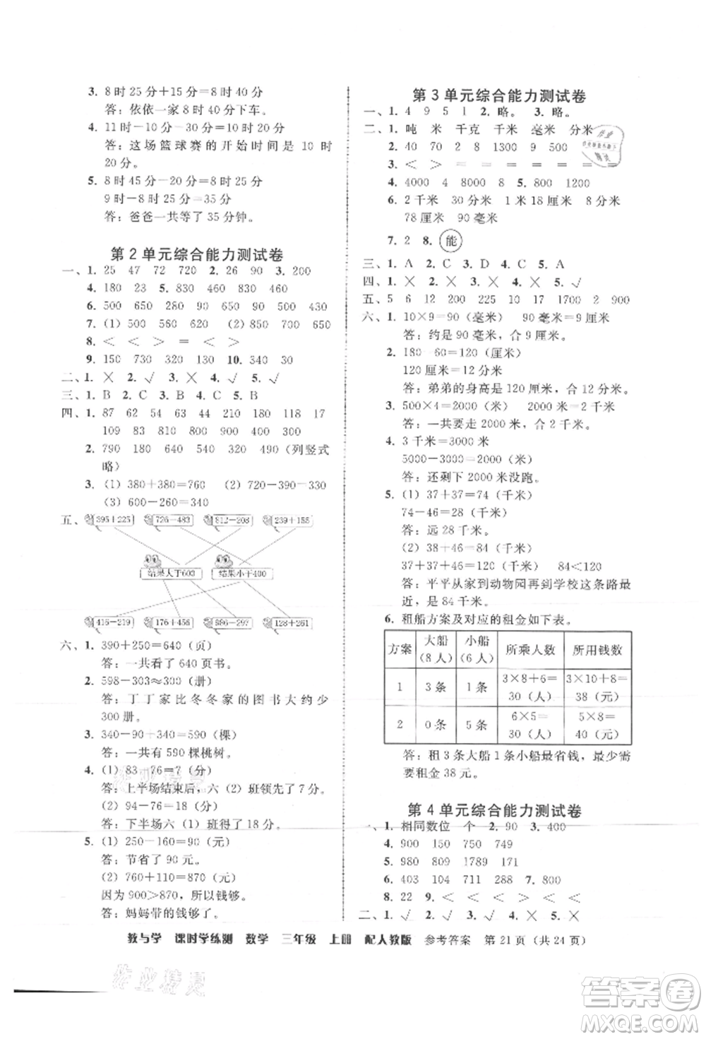 安徽人民出版社2021華翰文化教與學(xué)課時(shí)學(xué)練測(cè)三年級(jí)數(shù)學(xué)上冊(cè)人教版參考答案