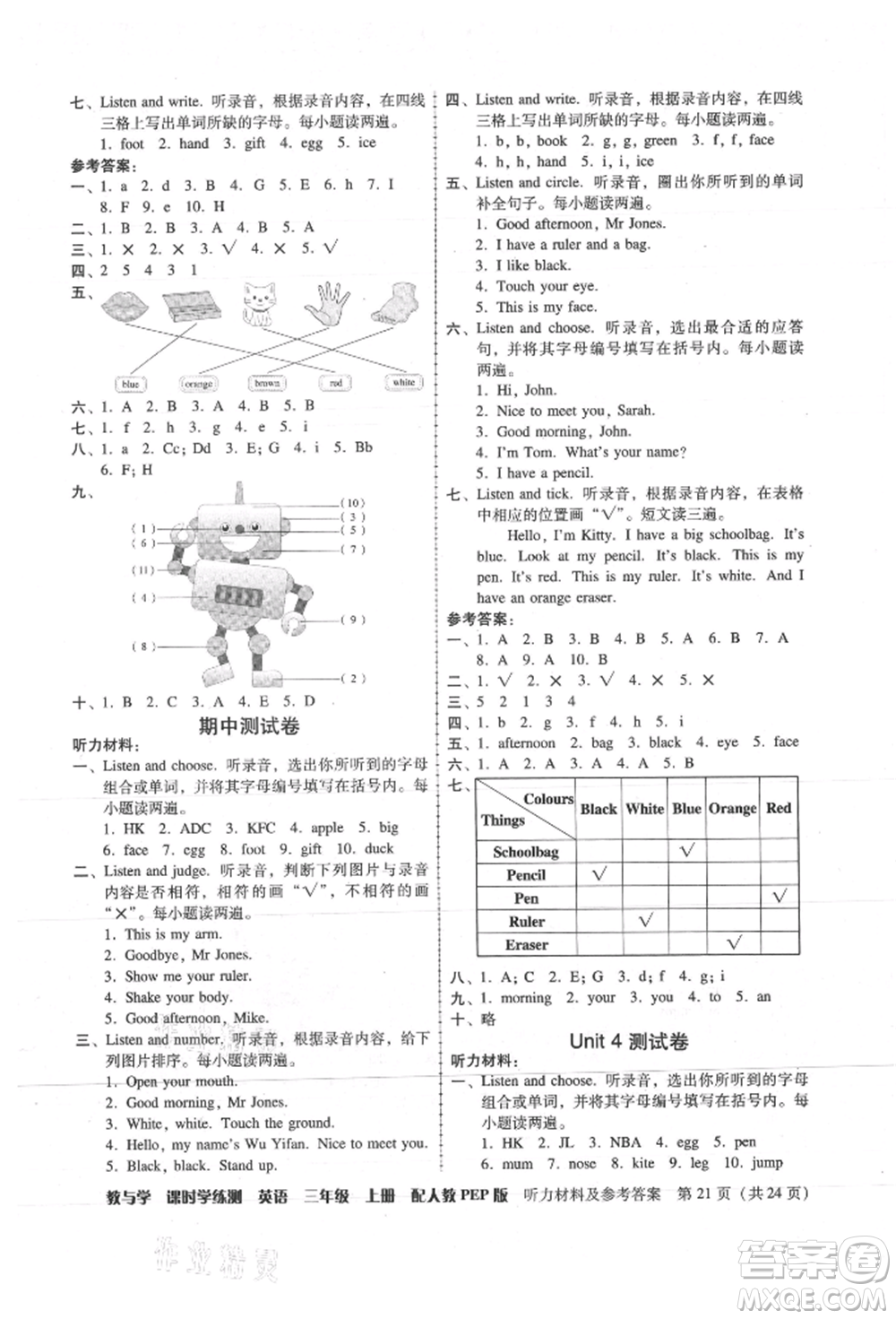 安徽人民出版社2021華翰文化教與學(xué)課時(shí)學(xué)練測三年級英語上冊人教版參考答案