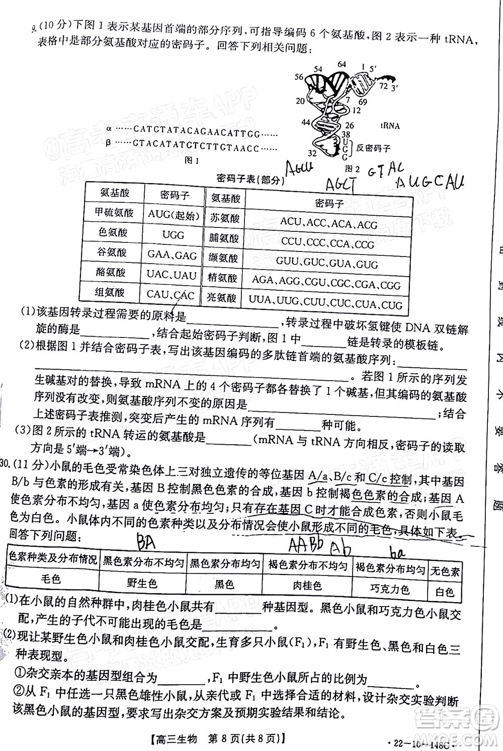 2022屆江西金太陽(yáng)高三12月聯(lián)考生物試題及答案