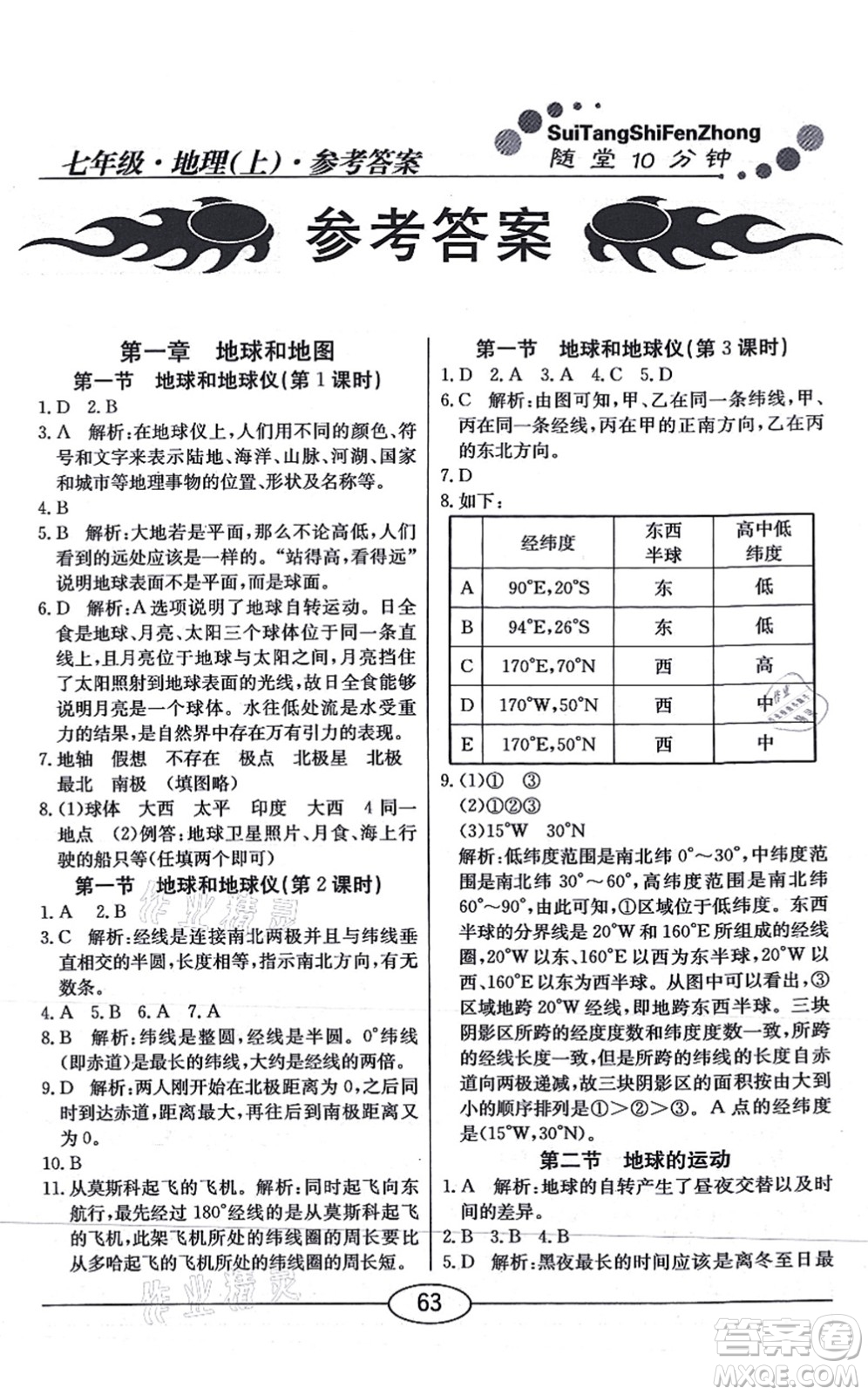 陽(yáng)光出版社2021學(xué)考2+1隨堂10分鐘平行性測(cè)試題七年級(jí)地理上冊(cè)RJ人教版答案