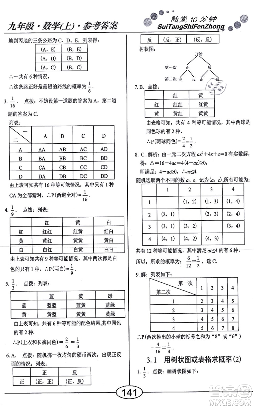 陽光出版社2021學考2+1隨堂10分鐘平行性測試題九年級數(shù)學上冊BS北師版答案