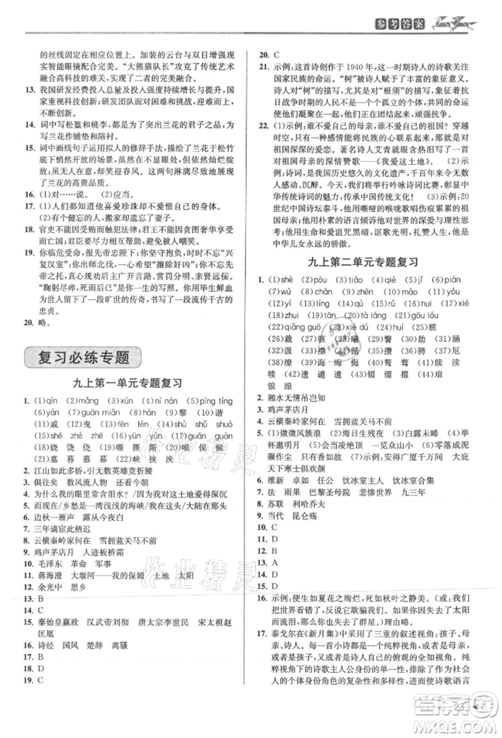 北京教育出版社2021教與學(xué)課程同步講練九年級語文人教版參考答案