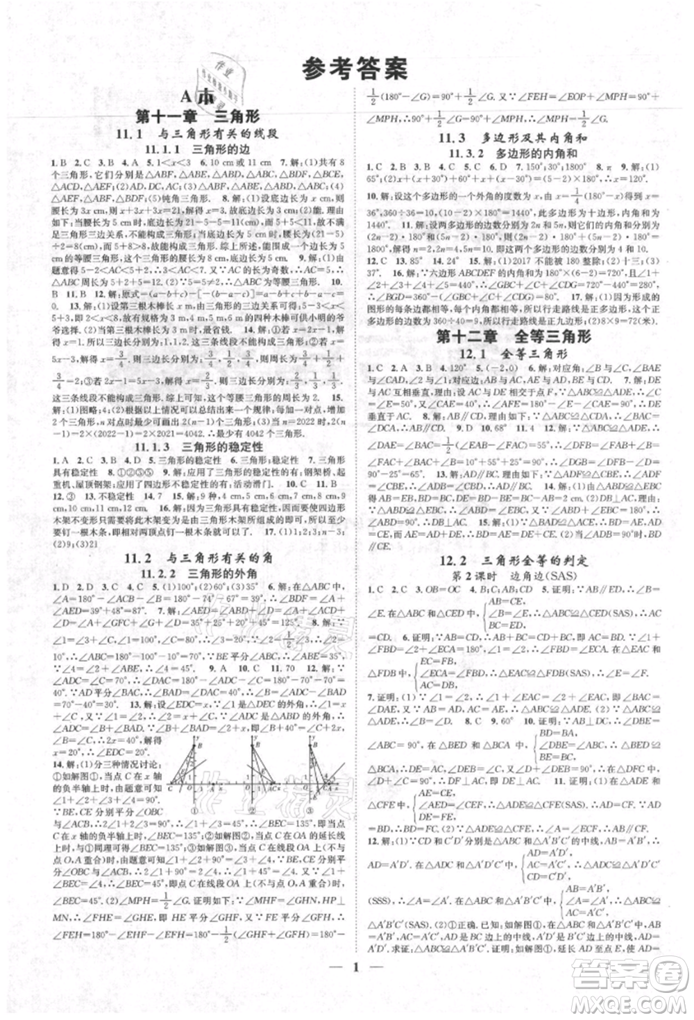 天津科學(xué)技術(shù)出版社2021智慧學(xué)堂核心素養(yǎng)提升法八年級(jí)數(shù)學(xué)上冊(cè)人教版臺(tái)州專版參考答案