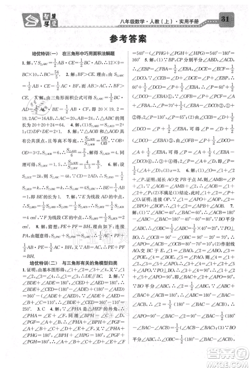 天津科學(xué)技術(shù)出版社2021智慧學(xué)堂核心素養(yǎng)提升法八年級(jí)數(shù)學(xué)上冊(cè)人教版臺(tái)州專版參考答案