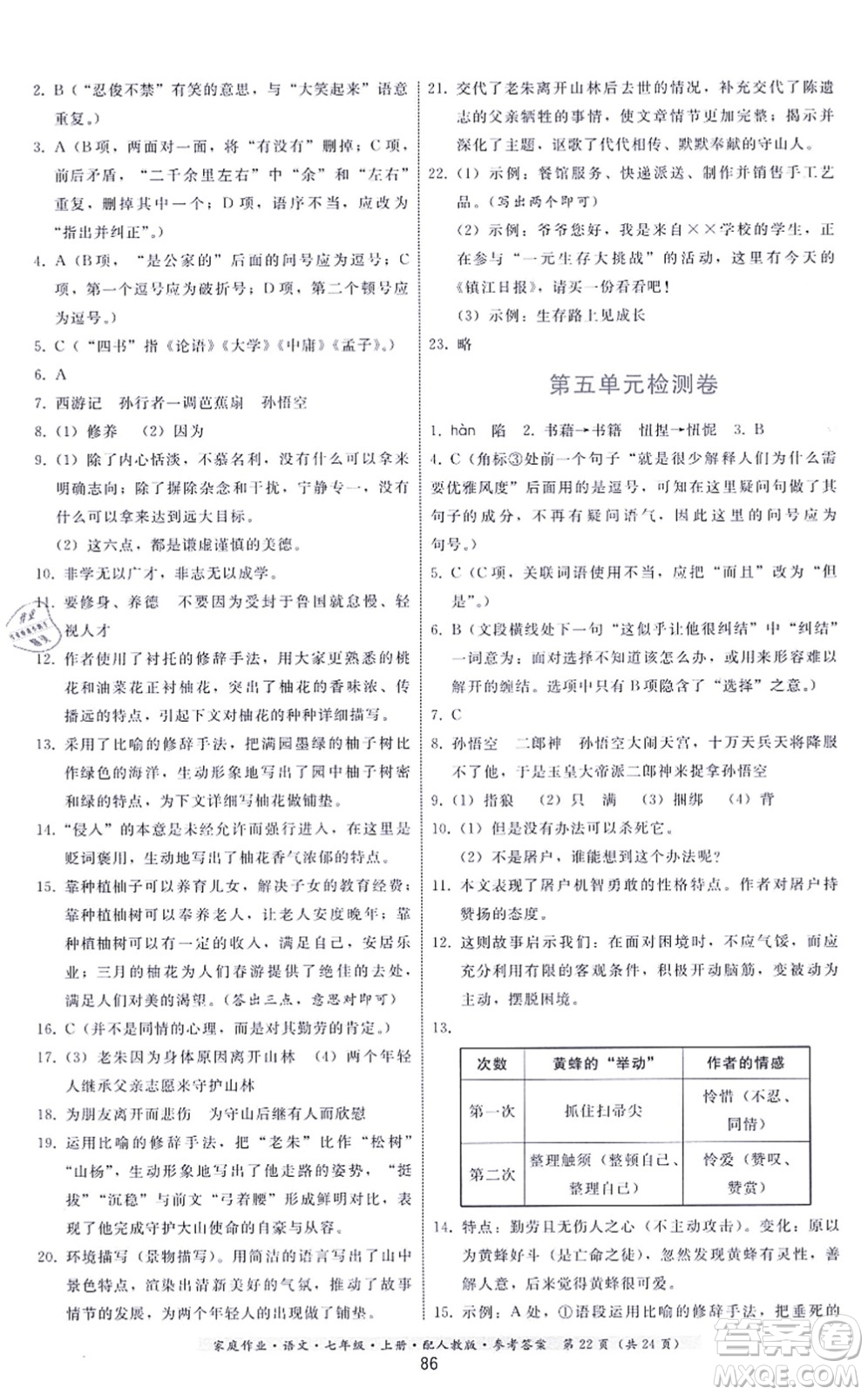 貴州科技出版社2021家庭作業(yè)七年級(jí)語(yǔ)文上冊(cè)人教版答案