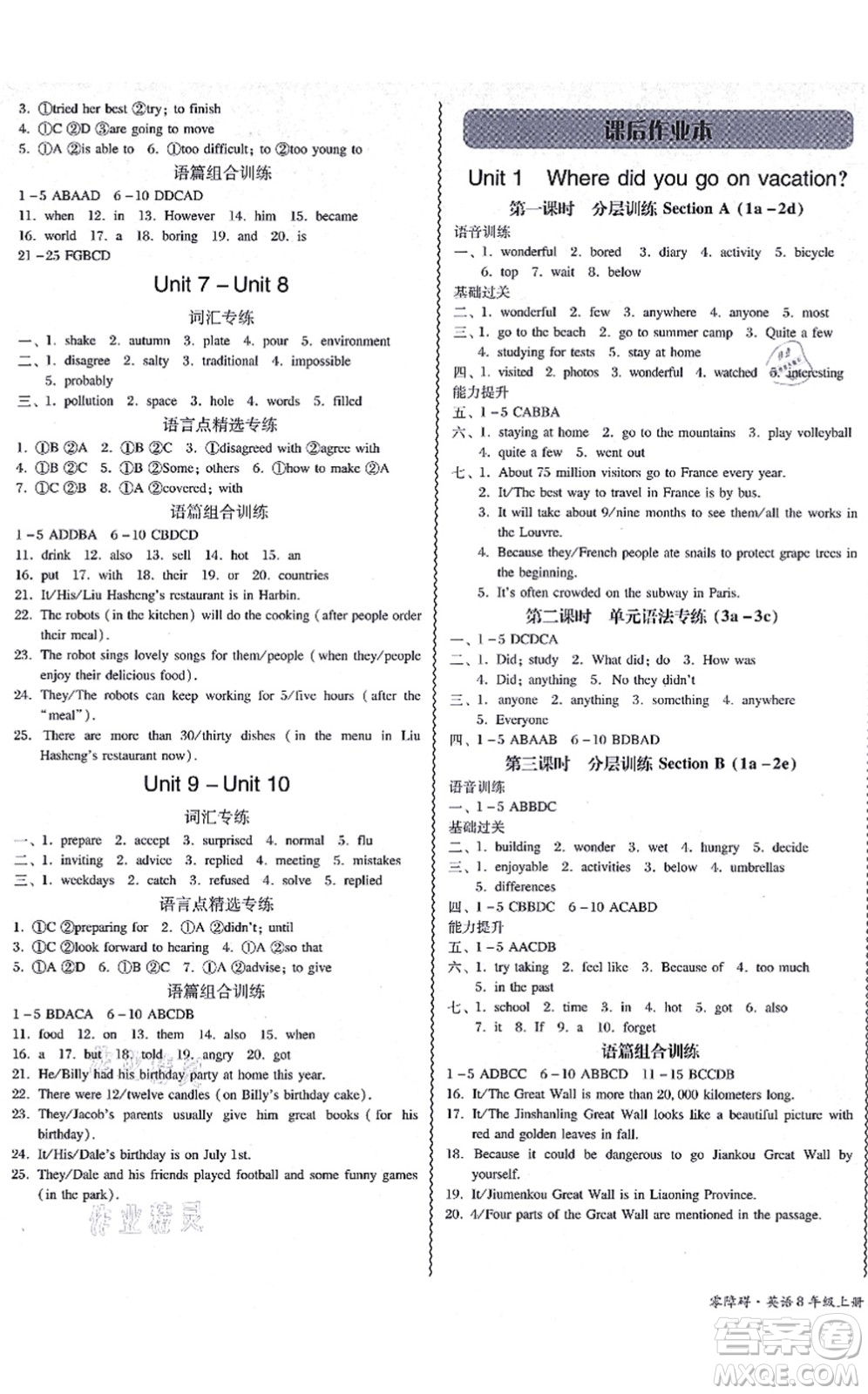 電子科技大學(xué)出版社2021零障礙導(dǎo)教導(dǎo)學(xué)案八年級英語上冊RJYY人教版答案