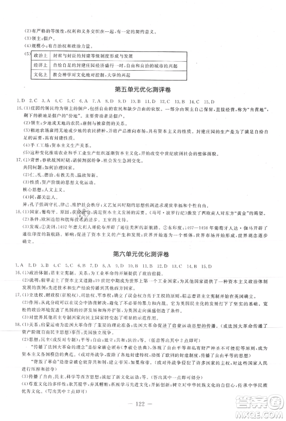 吉林教育出版社2021創(chuàng)新思維全程備考金題一卷通九年級歷史人教版參考答案