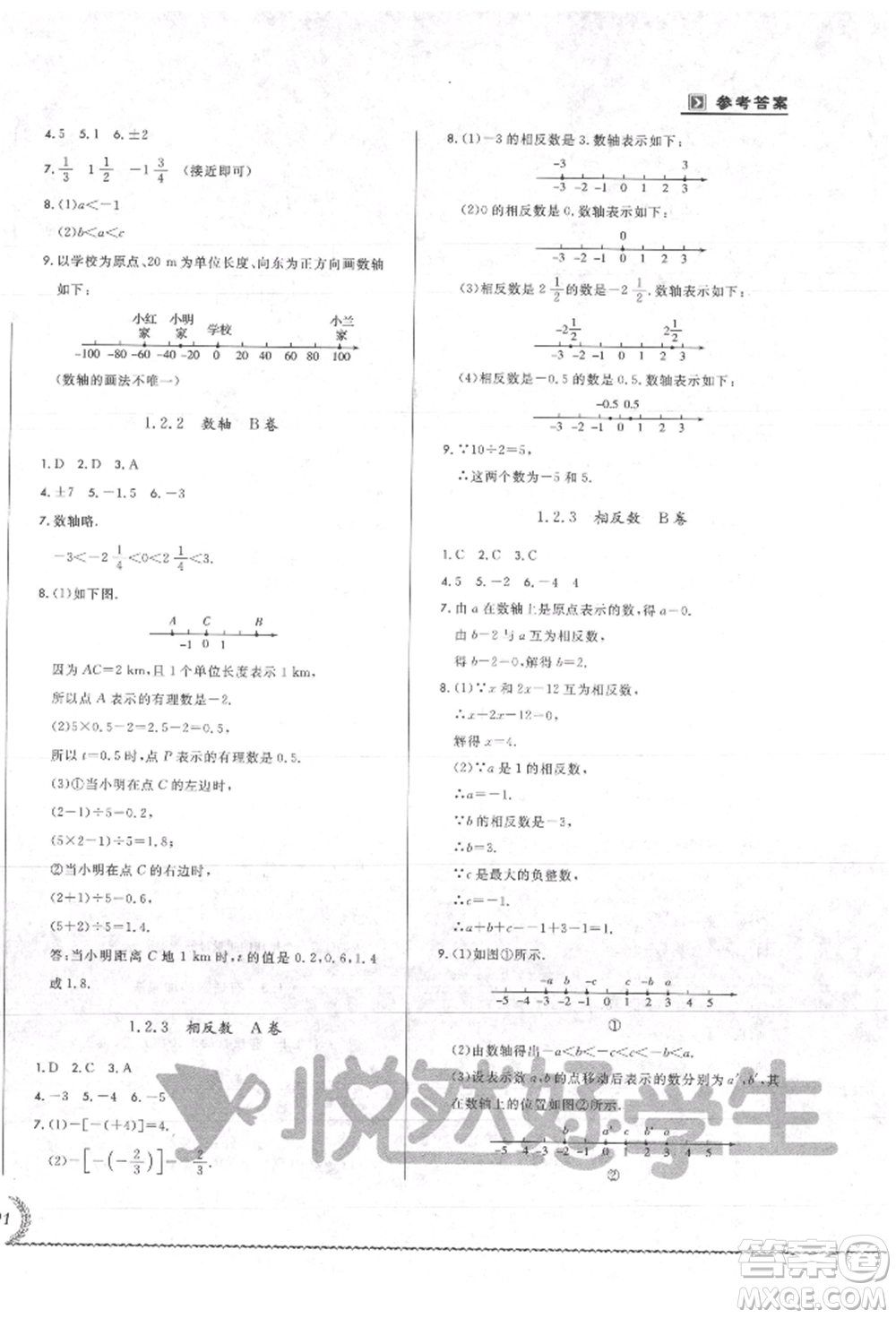 吉林教育出版社2021悅?cè)缓脤W(xué)生必開卷七年級數(shù)學(xué)上冊人教版吉林專版參考答案