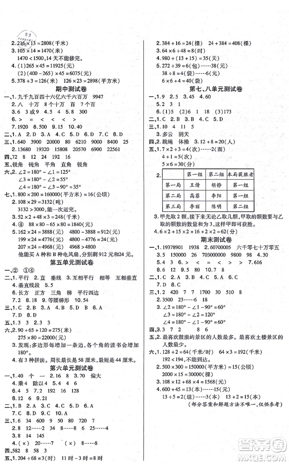 沈陽出版社2021培優(yōu)三好生課時作業(yè)四年級數(shù)學(xué)上冊A人教版福建專版答案