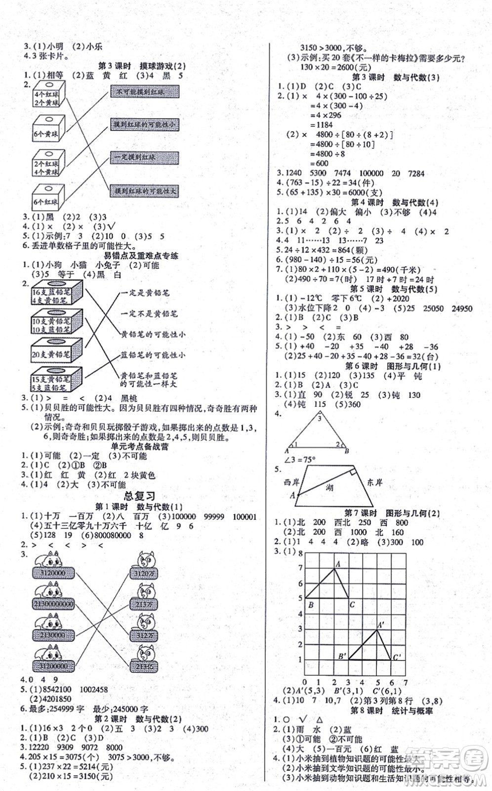 沈陽出版社2021培優(yōu)三好生課時作業(yè)四年級數(shù)學(xué)上冊B北師版福建專版答案