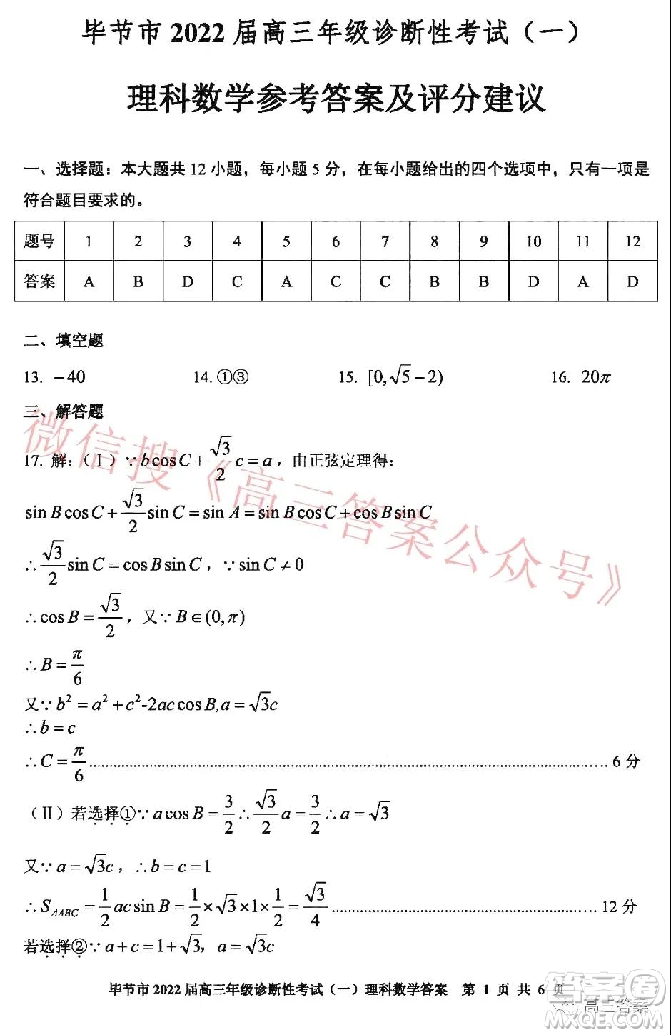 畢節(jié)市2022屆高三年級診斷性考試一理科數(shù)學(xué)試題及答案