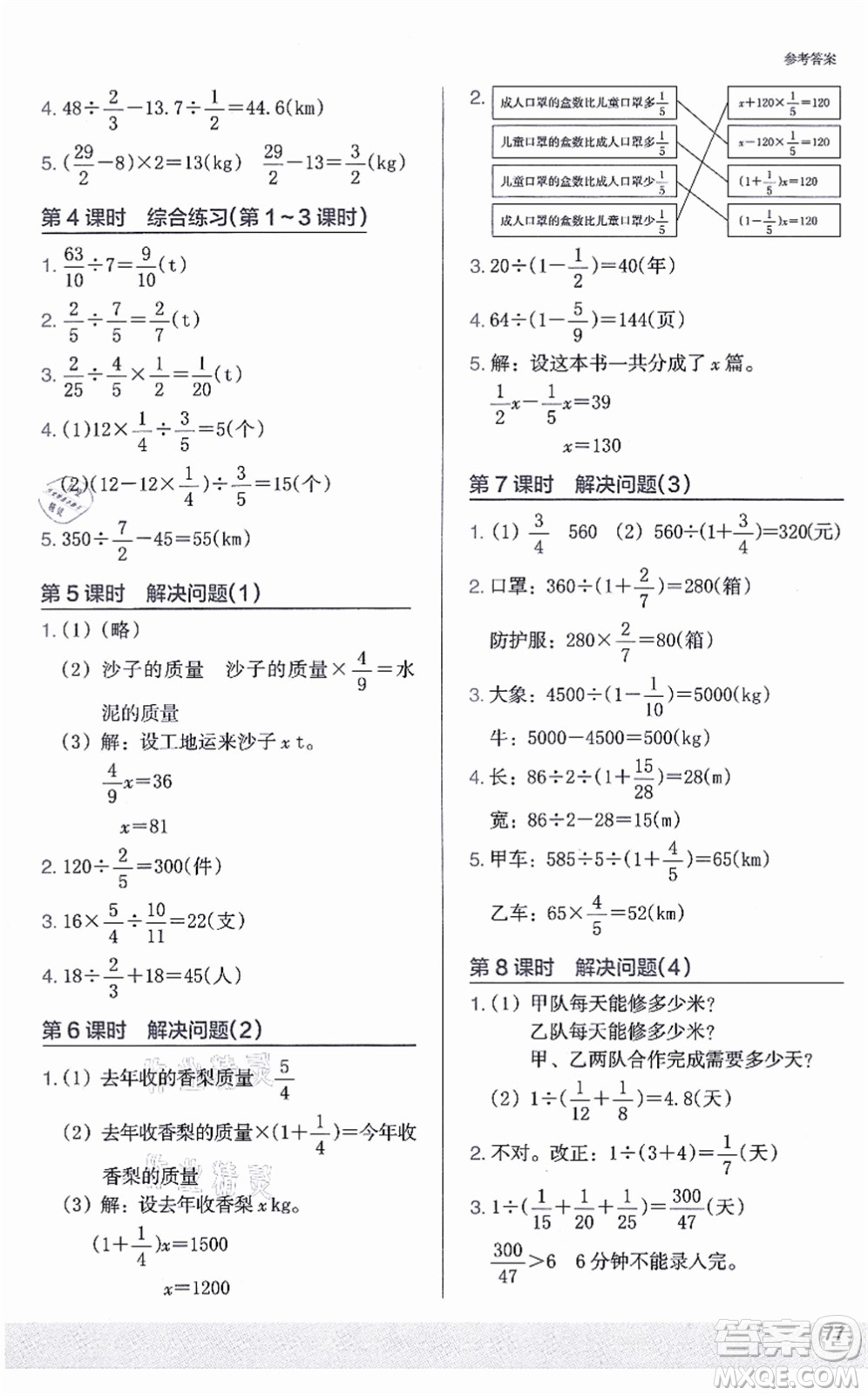 江蘇鳳凰美術出版社2021木頭馬解決問題小狀元六年級數(shù)學上冊RJ人教版答案