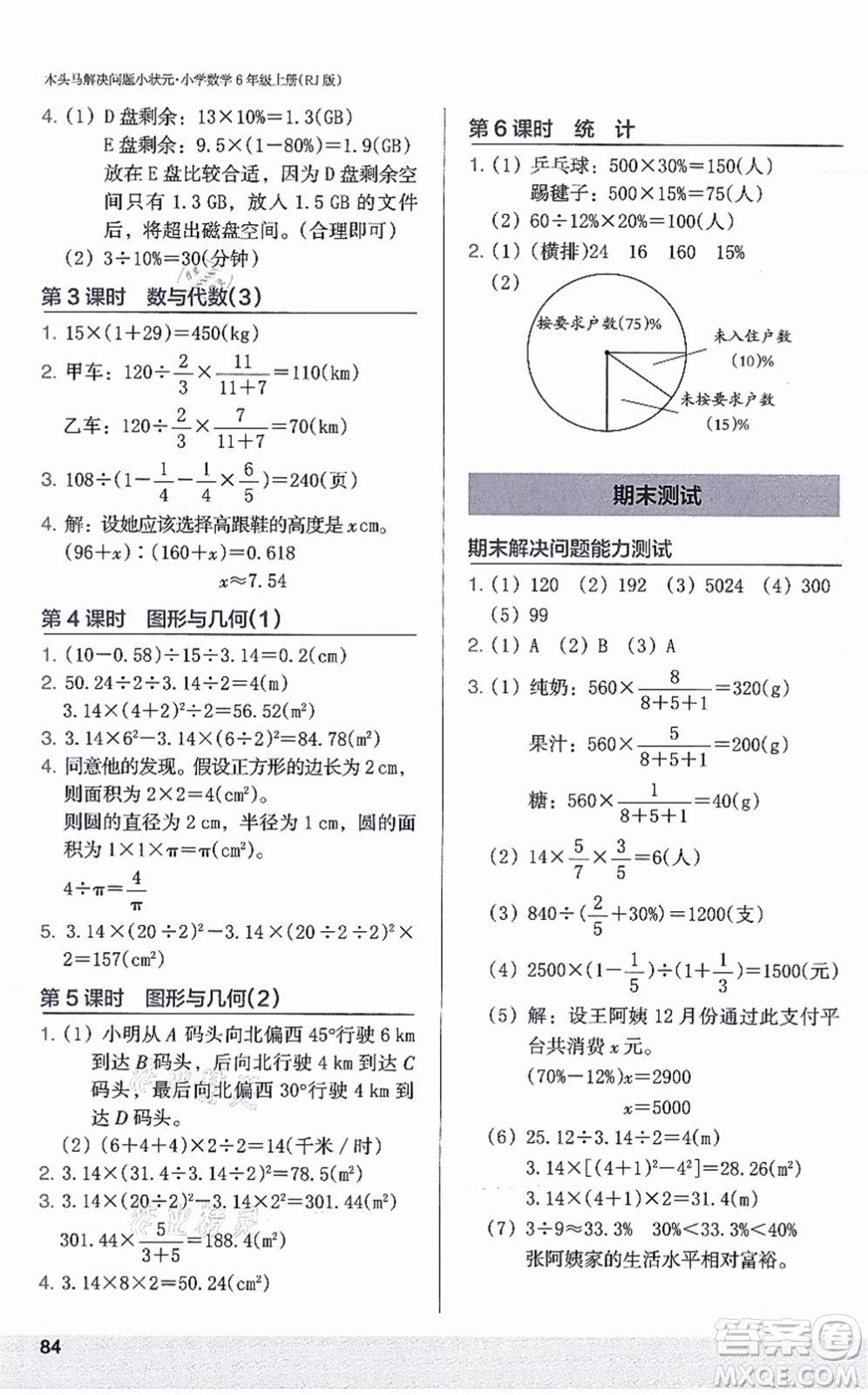 江蘇鳳凰美術出版社2021木頭馬解決問題小狀元六年級數(shù)學上冊RJ人教版答案