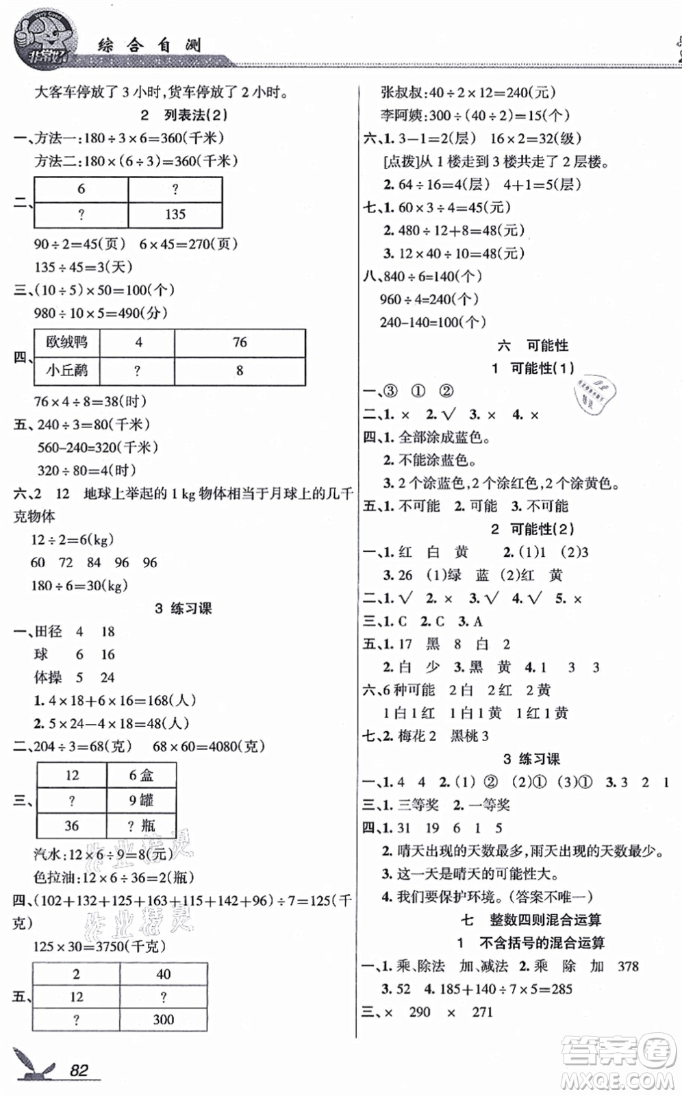 湖南教育出版社2021綜合自測四年級數(shù)學(xué)上冊蘇教版答案