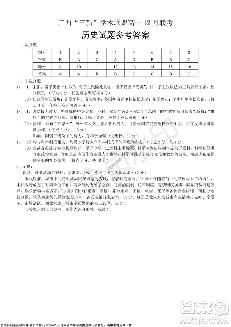 2021年廣西三新學(xué)術(shù)聯(lián)盟高一12月聯(lián)考?xì)v史試題及答案